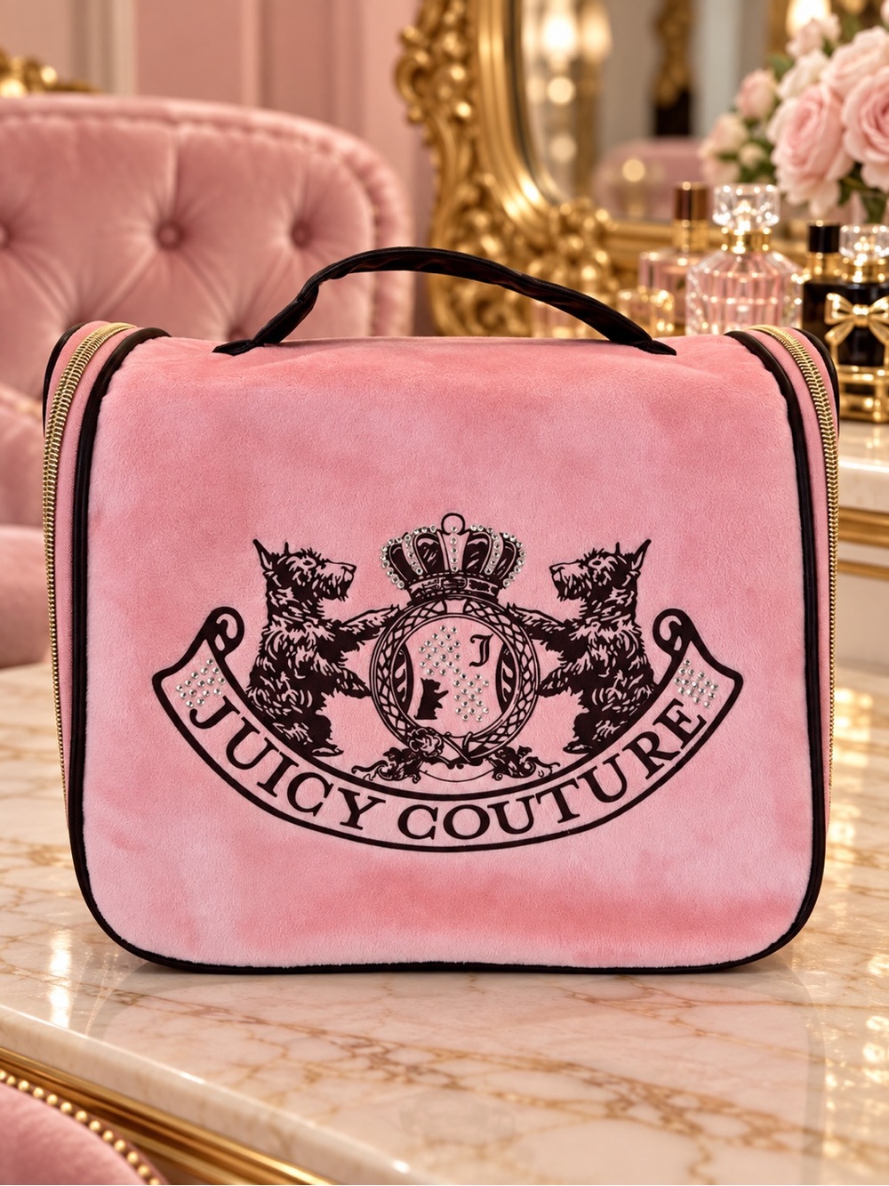 Juicy Couture Pink Velour Hanging Travel Organizer Cosmetic Bag